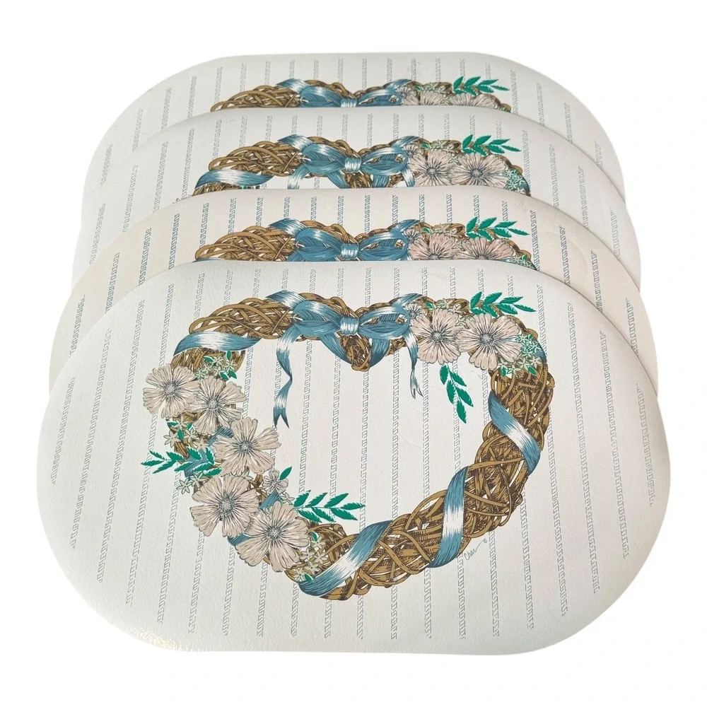 Vintage 1980s Set‎ of 4 Heart Wreath Floral Vinyl Placemats Table Decor